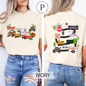 The image is a collage of two images, one showing the front and the other the back of a person wearing a white t-shirt with various car-related graphics and text.