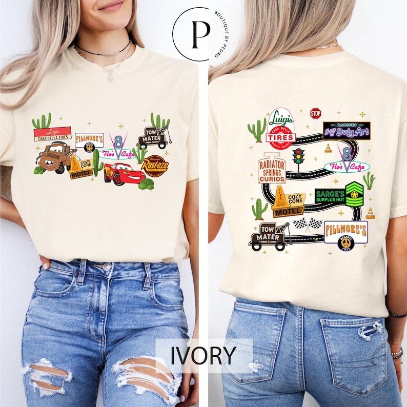 The image is a collage of two images, one showing the front and the other the back of a person wearing a white t-shirt with various car-related graphics and text.