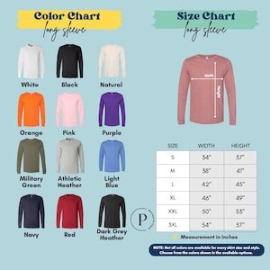 The image is a color chart and size chart for long sleeves, displaying various long sleeve shirts in different colors and sizes.