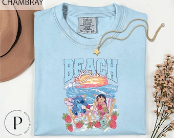 Lilo and Stitch Beach Bum and Strawberries T-Shirt, Disney Lilo & Stitch Beach Vacation Shirt, Disney Stitch Summer Shirt, Disney Beach Tee