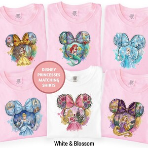 a collection of Disney Princess matching shirts, featuring illustrations of various Disney princesses.