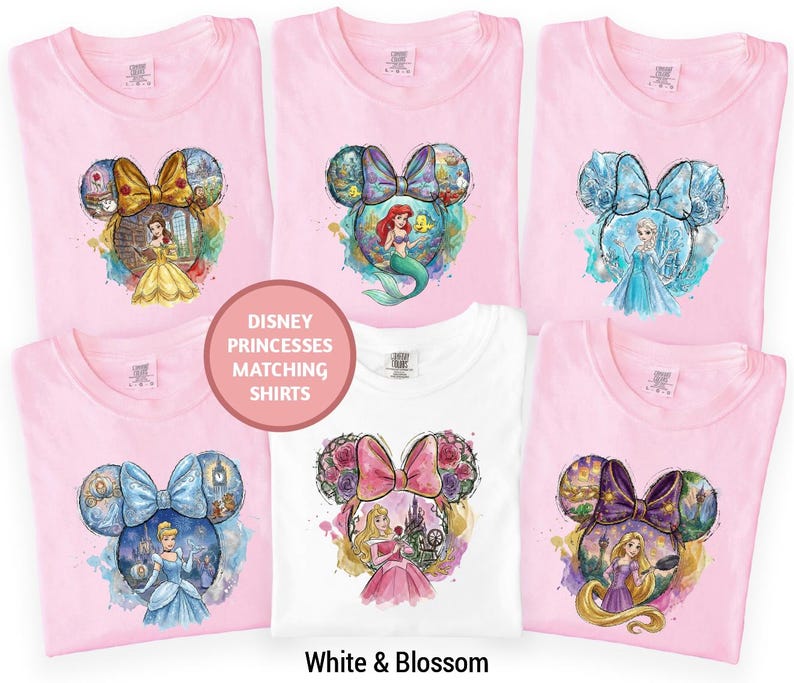 a collection of Disney Princess matching shirts, featuring illustrations of various Disney princesses.