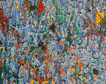 May include: Abstract painting with a blue background and splashes of orange, yellow, green, and black paint.