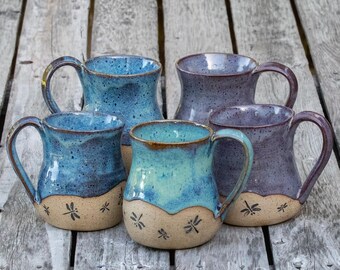 Handmade Mugs | Purple Turquoise Blue Dragonfly Artisan Mugs