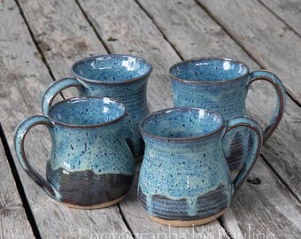 Rustic Blue Stoneware Handmade Pottery Mugs