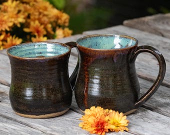 Handmade Rustic Brown and Turquoise Pottery Mug