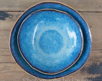 Handmade Asymmetrical Blue Serving Bowls | Set of 2 Rustic Organic Stoneware Bowls