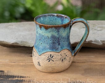 Rustic Turquoise Dragonfly Mug | Sightly Irregular 14 ounce Handmade Pottery Mug