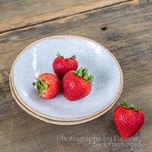 May include: A stack of two speckled white ceramic plates with a brown rim, holding three ripe red strawberries. One strawberry rests separately on the wooden surface. The text "Photographs by Pauline Back Porch Studio" is at the bottom.