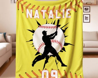 Personalized Baseball Flannel Blanket, Custom Name & Number, Team Gift