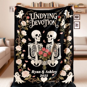 Personalized Skeleton Couple Blanket, Till Death Do Us Part, Custom Wedding Blanket, Spooky Halloween Gift, Goth Valentines Anniversary Gift