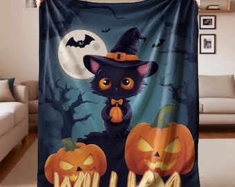 Spersonalizowany koc na Halloween, flanelowy pled z czarnym kotem