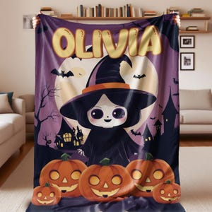 Personalized Halloween Blanket for Kids,Custom Name Blanket,Cute Witch Blanket,Halloween Watching Movie Blanket,Halloween Gift for Kid