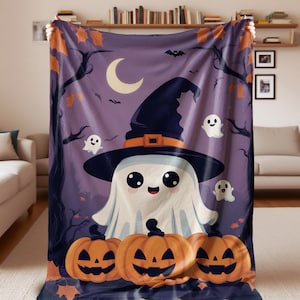 Ghosts and Pumpkins Plush Blanket,Cute Ghost Blanket,Halloween Plush Blanket,Halloween Watching Movie Blanket,Halloween Gift for Kid