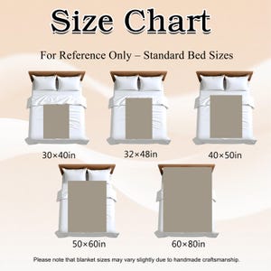 May include: A size chart for blankets, showing standard bed sizes. The chart displays five different bed sizes, including 30x40 inches, 32x48 inches, 40x50 inches, 50x60 inches, and 60x80 inches. Each size is represented by a bed with a blanket.