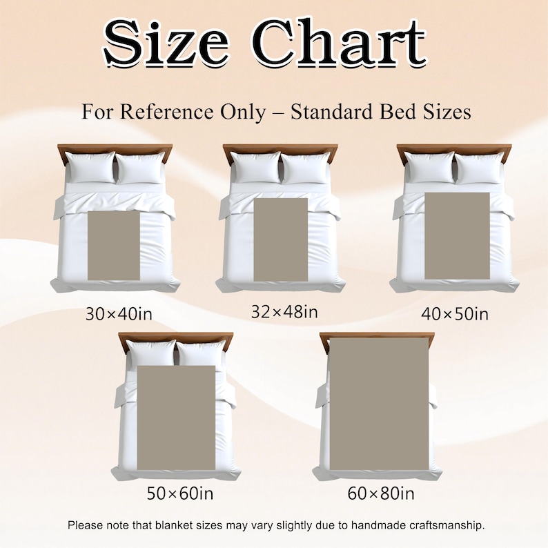 May include: A size chart for blankets, showing standard bed sizes. The chart displays five different bed sizes, including 30x40 inches, 32x48 inches, 40x50 inches, 50x60 inches, and 60x80 inches. Each size is represented by a bed with a blanket.