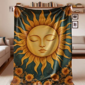 Celestial Sun Moon Stars Boho Blanket,Moon and Stars Throw Blanket,Boho Whimsical Throw Blanket,Mystical Vintage Boho Blanke