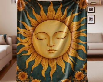 Celestial Sun Moon Flannel Blanket, Retro Boho Throw