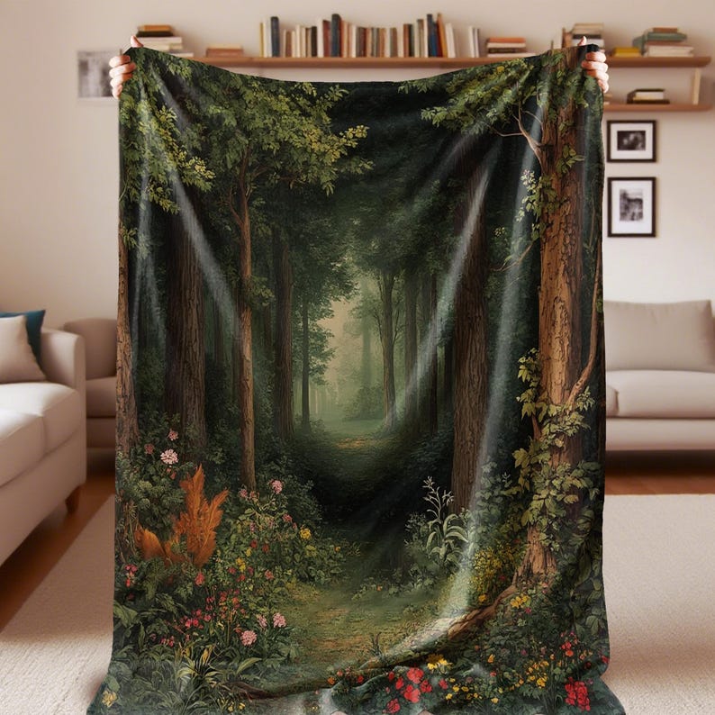May include: A forest-themed blanket featuring a detailed painting of a path winding through a lush forest. The design includes tall trees, vibrant green foliage, and colorful flowers along the path. The blanket is held up, showcasing the full artwork.