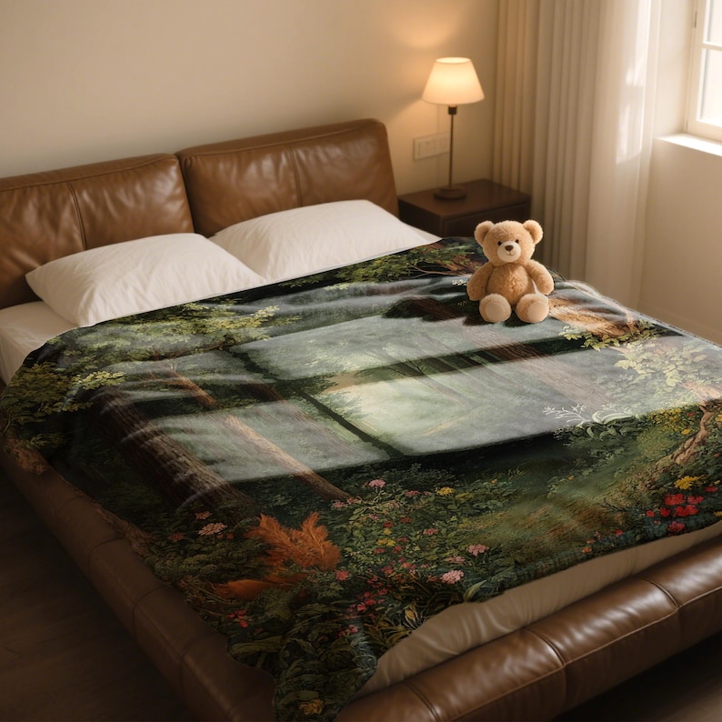 May include: A plush blanket featuring a scenic landscape design with a forest, river, and floral elements. The blanket is draped over a bed with a brown leather headboard. A teddy bear sits on the blanket.