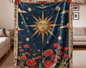 Celestial Sun-geweven deken, rood bloementapijt, boho-decor