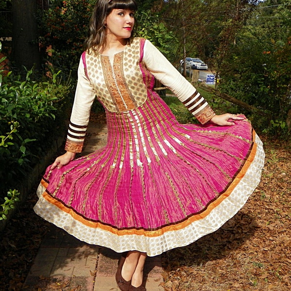 Vintage Fuchsia Gold Indian Bollywood Dress Long Sleeves Tea Length Indian Dress Full Skirt Size Small