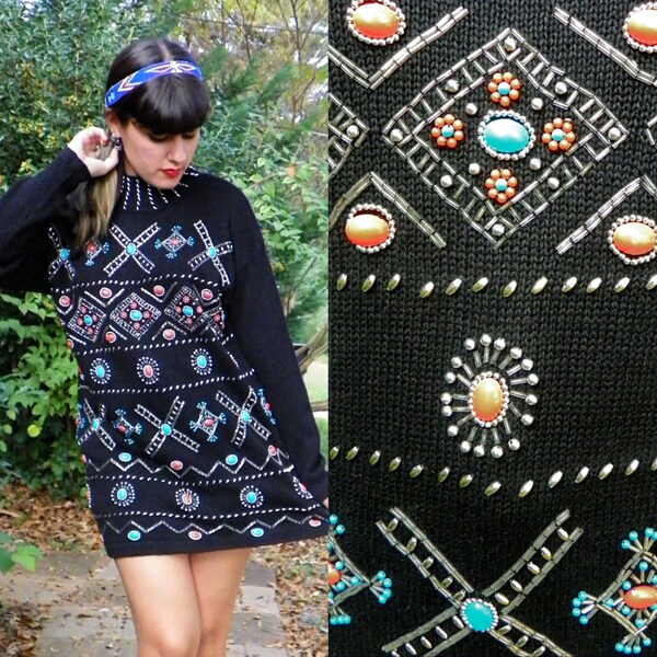 1980s Vintage Black Beaded Western Boyfriend Sweater Turquoise Coral Silver Native American Beaded Mock Turtleneck Size Medium