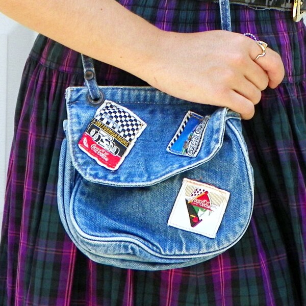 RARE 1987 Vintage Coca Cola Denim Crossbody with Two Pockets Coca Cola Patches Thin Strap Flap Shoulder Purse Coke Patches
