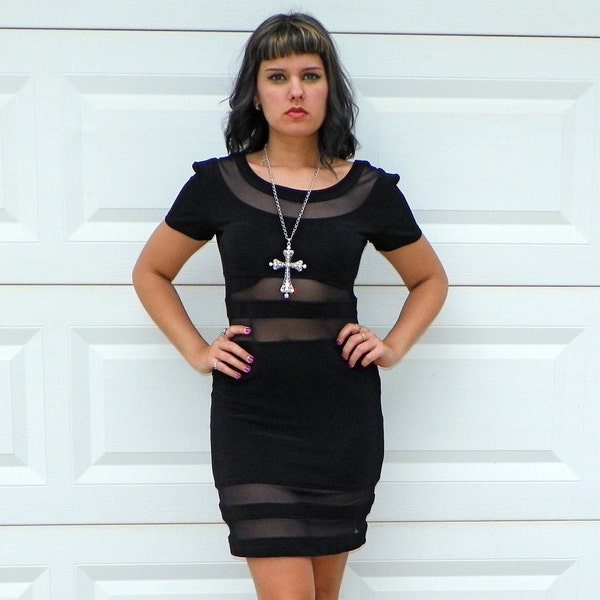 SALE 1990s Vintage Sheer Bodycon Dress Black Bodycon Sexy Sheer Cutout Mesh Dress Sexy Striped Stretch Form Fitting Dress Size Extra Small
