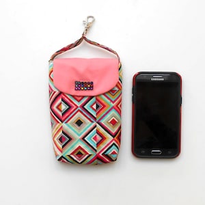 Pink Fabric Cell Phone Pouch With Lobster Clasp For Hooking on Belt Loop or Purse, Small Travel Purse, Phone Holder, Female Gift
