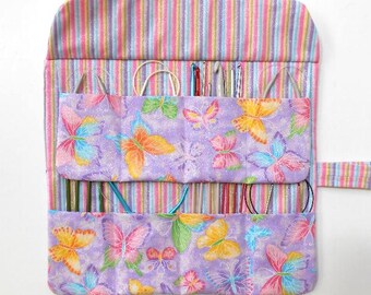 Lavender Circular Knitting Needle Holder in Butterfly Print, 2 Rows and 8 Pockets, Storage for Crochet Hooks and Double Pointed Needles