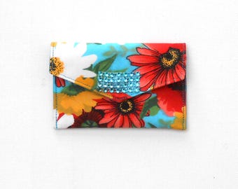 Handmade Floral Card Holder, Snap Tea Bag Wallet, Coin Purse in Red Blue Yellow Flowers