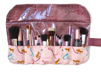 Mermaid Print Cosmetic Brush Holder With 7 Pockets in Wipe Clean Clear Vinyl Overlay, Travel Makeup Brush Roll Up, Female Birthday Gift