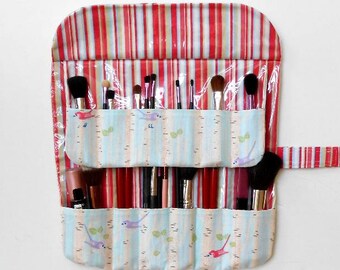 Easy Clean Makeup Brush Holder in Blue Bird Print With 2 Rows and 12 Pockets, Clear Vinyl Overlay, Travel Cosmetic Brush Carrier