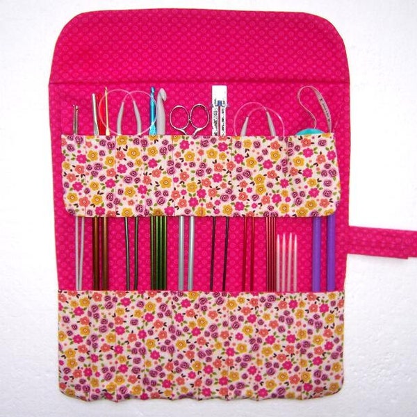 Straight Knitting Needle Holder in Padded Pink Floral Print, 17 Pockets and 2 Rows, Crochet Hook Roll Up, Double Pointed Needle Case