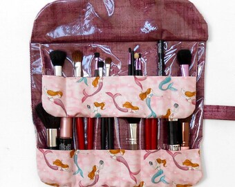 Mermaid Print Makeup Brush Holder With 2 Rows and 12 Pockets, Wipe Clean Clear Overlay, Travel Brush Organizer, Cosmetic Brush Storage Case