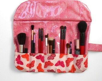 Pink Butterfly Print Makeup Brush Holder With 7 Pockets and Clear Vinyl, Easy Clean Cosmetic Brush Storage, Travel Roll Up for Brushes