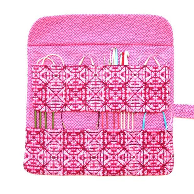 Storage Holder For Circular Knitting Needles With 2 Rows and 8 Pockets, Pink Double Pointed Needle and Crochet Hook Roll, Gift for Knitters image 1