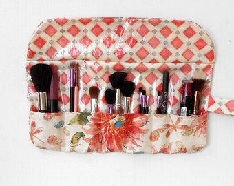 Travel Makeup Brush Case With 7 Pockets, Wipe Clean Clear Vinyl Overlay, Peach Floral Roll Up Cosmetic Brush Holder, Female Birthday Gift
