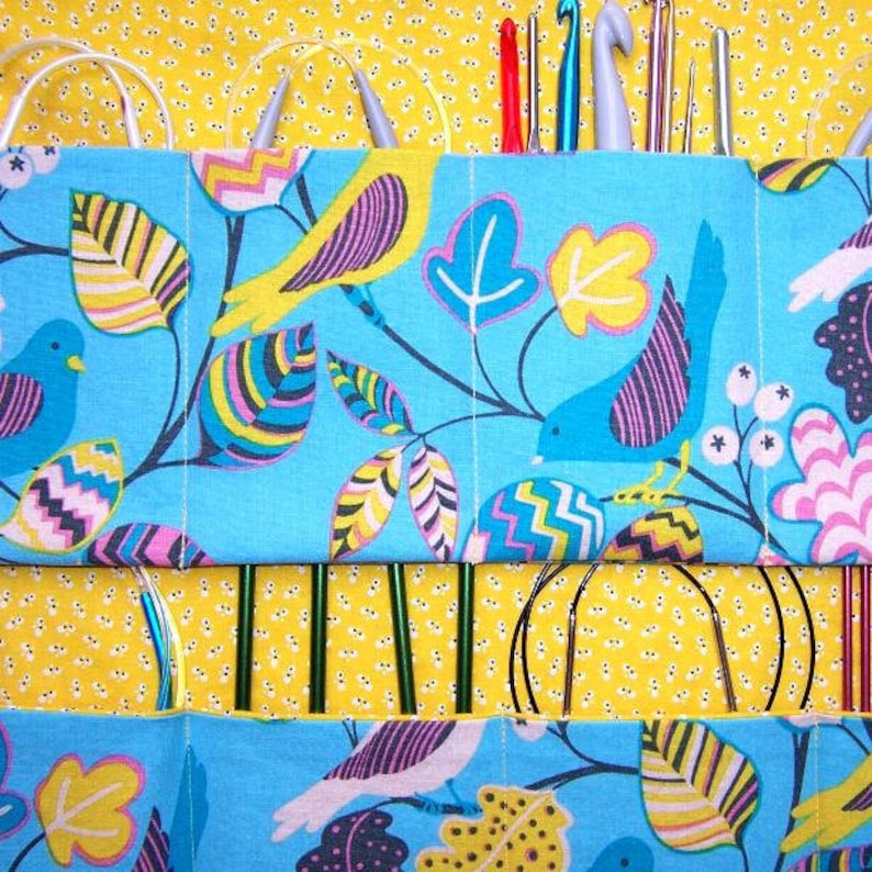 Crochet Hook Roll DPN Double Pointed Needle Holder Circular Knitting Needle Case in Yellow and Blue Bird Print