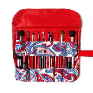Red Paisley Makeup Brush Holder, 2 Rows and 12 Pockets, Wipe Clean Clear Vinyl, Travel Cosmetic Brush Storage