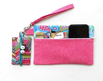 Pink Paisley Wristlet With Blue Plus Pink Teal Ear Bud Case, Cell Phone, Makeup or Camera Bag, Center Zip Business Card Holder, Coin Purse