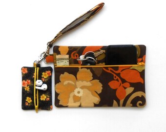 Wristlet in Gold, Brown and Orange Floral Print Plus Black Floral Ear Bud Case, Clutch Phone Holder, Front Zippered Small Purse, Coin Purse