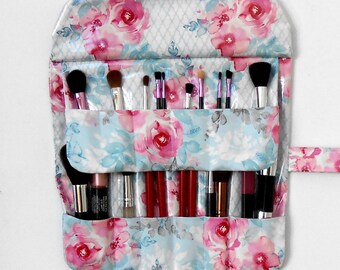 Wipe Clean Makeup Brush Storage Roll Up, 2 Rows and 12 Pockets, Travel Cosmetic Brush Holder