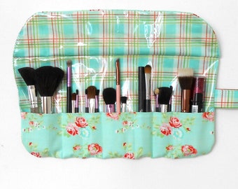 Wipe Clean Cosmetic Brush Case, 7 Pockets and Clear Vinyl Overlay, Turquoise Floral Travel Makeup Brush Holder