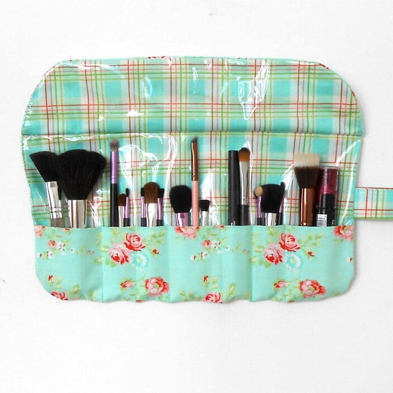 Green Floral Makeup Brush Holder With Wipe Clean Clear Vinyl Overlay and 7  Pockets, Cosmetic Brush Storage, Travel Brush Case 