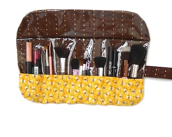 Yellow Bee Print Makeup Brush Roll, Wipe Clean Travel Cosmetic Pouch, 7 Pockets