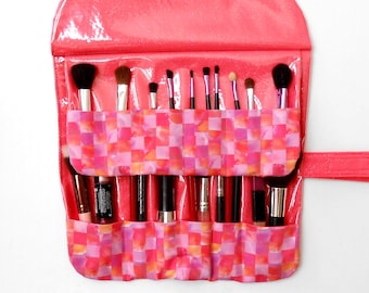 Easy Wipe Clean Makeup Brush Holder With 2 Rows and 12 Pockets, Tall Travel Cosmetic Brush Carrier