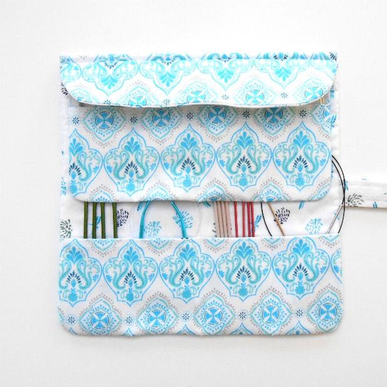 Circular Knitting Needle Holder in Blue Dragonfly Print, 2 Rows and 8 Pockets, Storage For DPN Double Pointed Needles and Crochet Hooks image 4