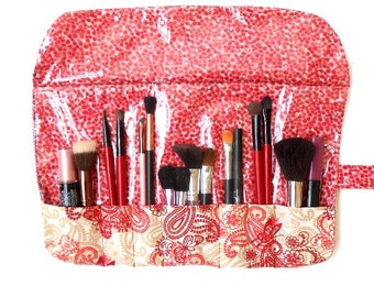 Paisley Travel Makeup Brush Case With 7 Pockets, Wipe Clean Clear Vinyl Overlay, Roll Up Holder For Cosmetic Brushes